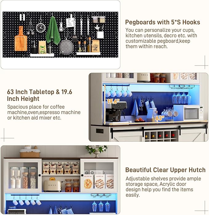 74" Tall 63" Wide Large Coffee Bar Cabinet w/Outlet,6000-color LED Light,Pegboard,Farmhouse Hutch Cabinet w/Barn Door,2 Big Drawers,Adjustable Shelves,10 Wine & Glasses Rack,5 Hook for Kitchen