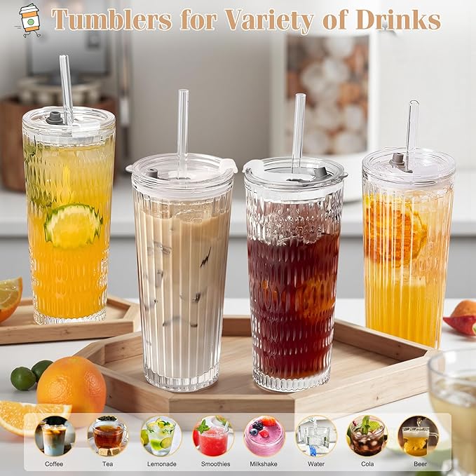 18oz Ribbed Glass Tumbler with Lid and Straw Set of 2: Leak-Proof Drinking Glasses to Go, Reusable Iced Coffee Cups for Cold Drinks, Juice, Smoothie, Glass Cups with Stylish Ribbed Design