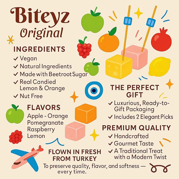 Biteyz Original Turkish Delight, Vegan Candy Gift Box - Assorted Gourmet Fruit Snacks with Lemon, Apple, Orange, Pomegranate, and Raspberry Flavors, 36 Pieces of Luxury Handmade Vegan Treats