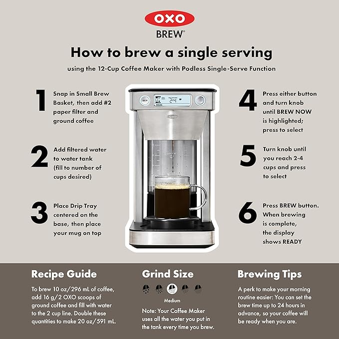 OXO Brew 12-Cup Coffee Maker With Podless Single-Serve Function,Silver
