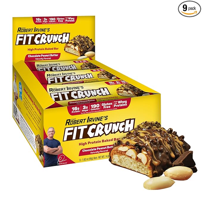 FITCRUNCH Snack Size Protein Bars, 6-Layer Baked Bar, 3g of Sugar, Gluten Free & Soft Cake Core (9 Bars, Chocolate Peanut Butter)