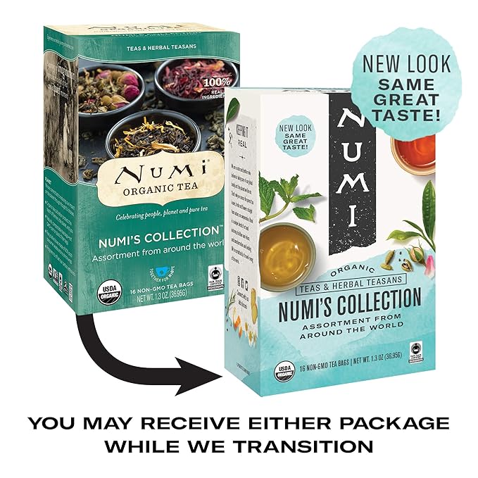 Numi Organic Tea Numi's Collection Variety Pack, 16 Tea Bags, Black, Green, White, Pu-erh, Maté, & Herbal, Packaging May Vary