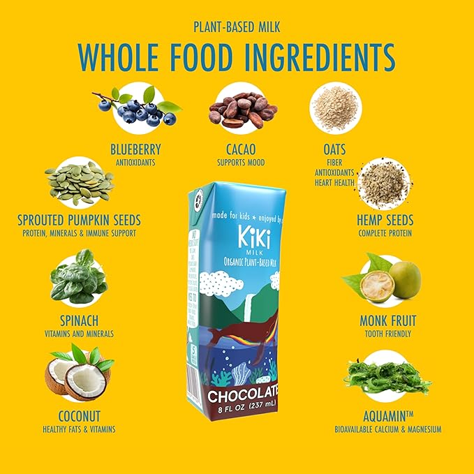 Kiki Milk Plant Based Milk - Organic Chocolate Milk - Calcium & Magnesium Source - Gluten Free, Gum Free, GMO Free, Dairy Free, Soy Free, Glyphosate Free - Shelf Stable - (32 oz • Pack of 6)