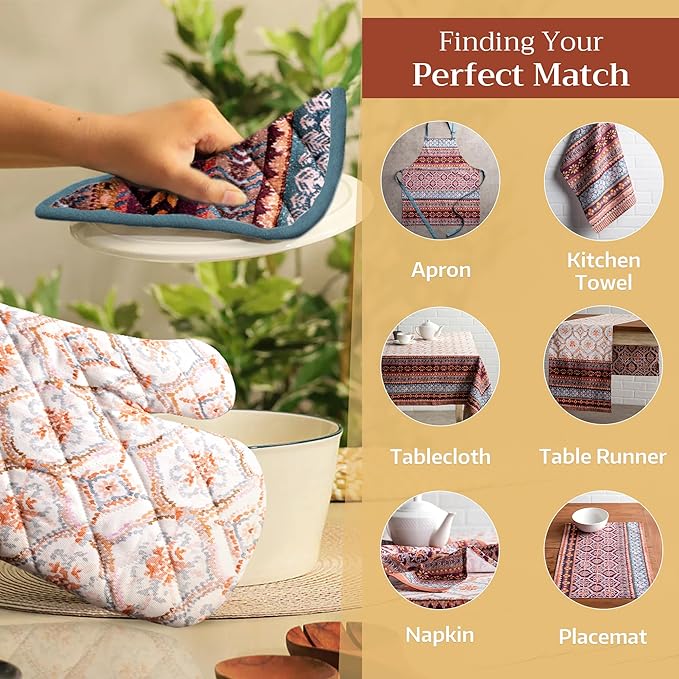 Maison d' Hermine 100% Cotton Oven Mitt & Pot Holder Set (7.5"x13" & 8"x8") Heat Resistant BBQ Cooking Gloves with Loop, Baking, Grilling, Kitchen, Handling Hot Pans (Fair Isle)