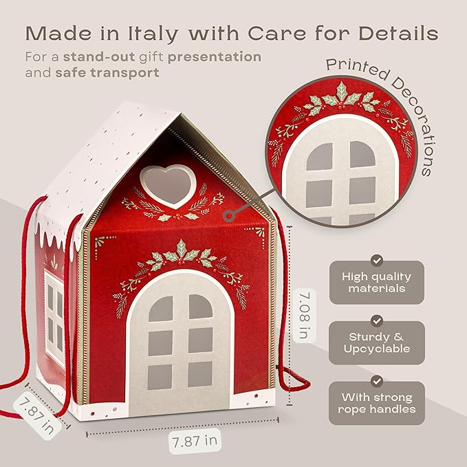 Pack of 5 House Shaped Gift Boxes (7.87 x 7.87 x 7.08 inch) - Mansion Ideal for Presents and for Treats - Red Christmas