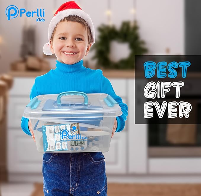 PERLLI Kids Real Cooking Set for Cooking and Baking – 31 Pc. Gift for Junior Chef with Real Utensils, Case & Safe Kids Knife Set for Boys & Girls – Fine Motor Skills & Fun for Children Ages 6+, Blue
