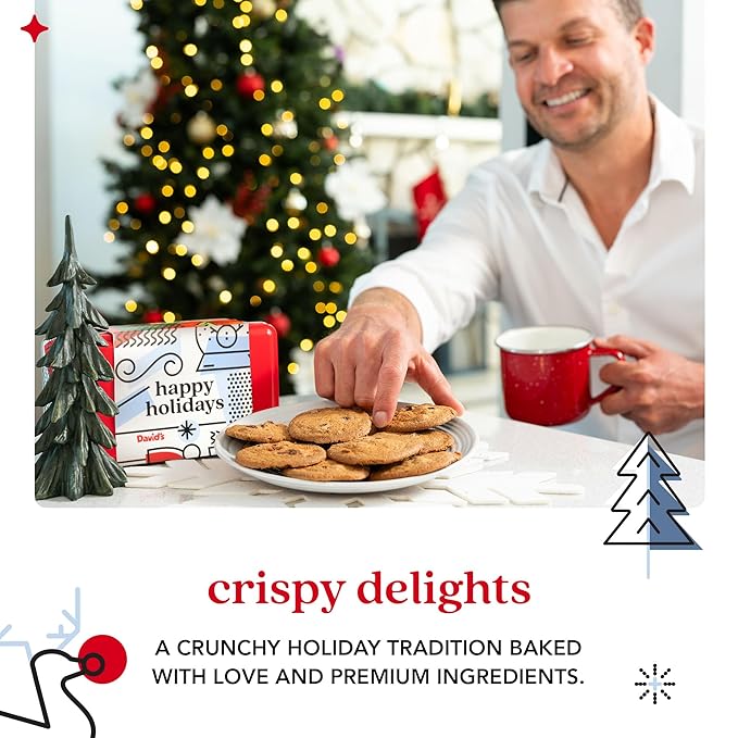 David's Cookies Happy Holidays Thin and Crispy Cookies Tin – Gourmet Crunchy Cookies in Festive Sweet Sampler – Holiday Dessert Gift for Friends Family, Christmas Treats and Seasonal Celebrations
