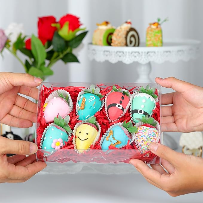 RomanticBaking 10PCS 8x5x2 Inch Full Clear Chocolate Covered Strawberries Boxes Perfect for Displaying Treats,Oreos, Cookies,Macaron, Cakesickle, Donut, Mini Bakery, Brownie, Dessert