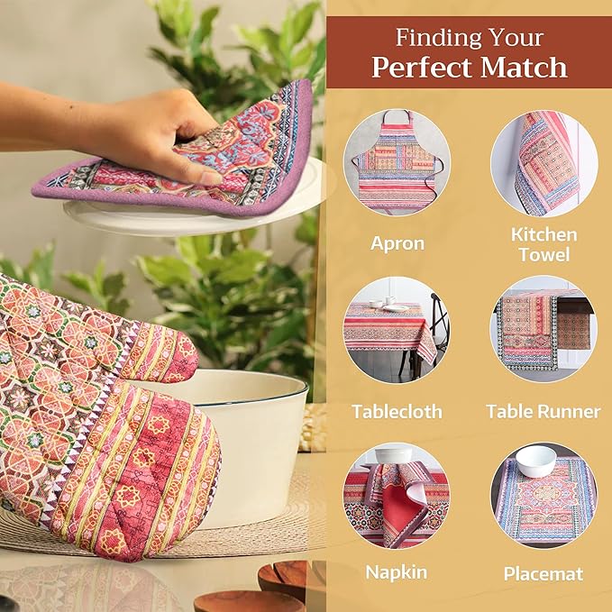 Maison d' Hermine 100% Cotton Oven Mitt & Pot Holder Set (7.5"x13" & 8"x8") Heat Resistant BBQ Cooking Gloves with Loop, Baking, Grilling, Kitchen, Handling Hot Pans (Ispahan)