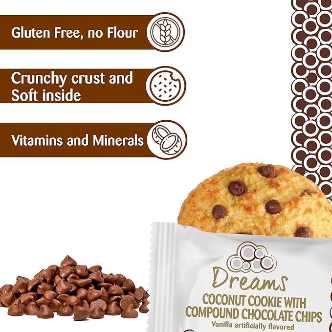Dreams Coconut Cookies with Chocolate Chips – Vegan, Gluten-Free, High Protein Snack | Guilt-Free & Healthy Treat | 1 Box – 24 Units / 35.52oz