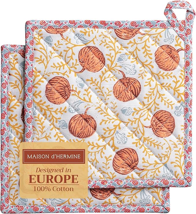 Maison d' Hermine Pot Holders Set 100% Cotton Heat Resistant Potholders 8" x 8" Hot Pads with Loop BBQ, Cooking, Baking, Grilling, Kitchen, Handling Hot Pans (Pack of 2, Harvest Festival)