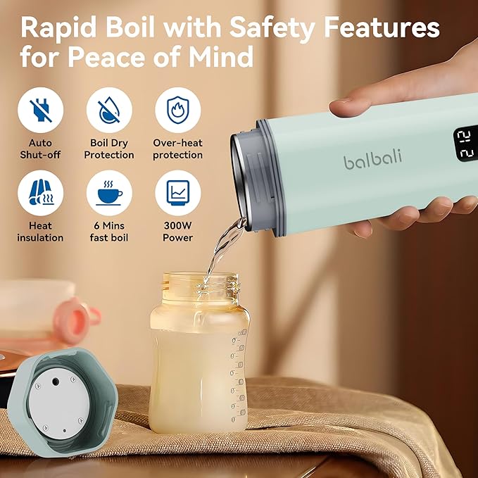 balbali Portable Tea Kettle for Travel 100-240V Dual Voltage - 6 Preset Electric Portable Water Heater for Boiling - Self Heating Cup/Thermos - 12oz Hot Water Boiler/Heater/Warmer - Green
