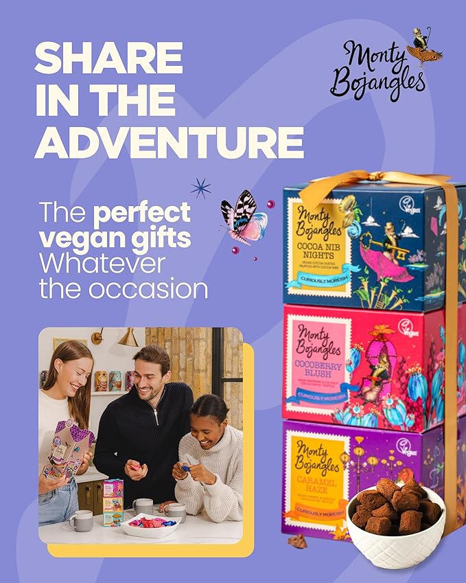 Monty Bojangles Vegan Cocoa Dusted Chocolate Truffles Gift Tower (3x3.5oz) - 3 Different Flavors Luxury Chocolatey Truffles Gift Set, Award Winning Truffle, Vegan Chocolate Box With Bespoke Design