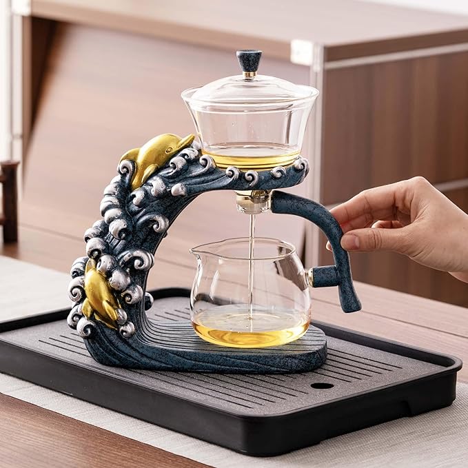 Glass Teapot Set with Infuser Semi Automatic Tea Set Magic Teapot (Dolphins)