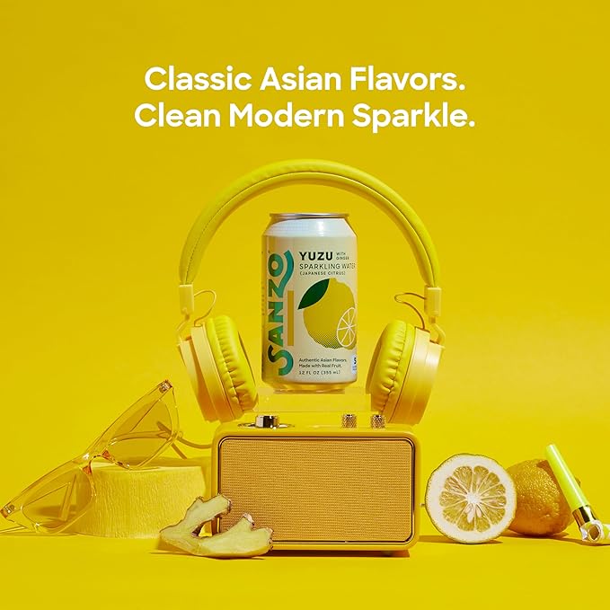 Sanzo Flavored Sparkling Water - Yuzu Lemon Soda Ginger Seltzer - Low Calorie Low Sugar Soda - Craft Asian Drinks - Vegan Gluten Free Carbonated Flavored Water - Fizzy Healthy Drinks - 12oz, 12 Pack