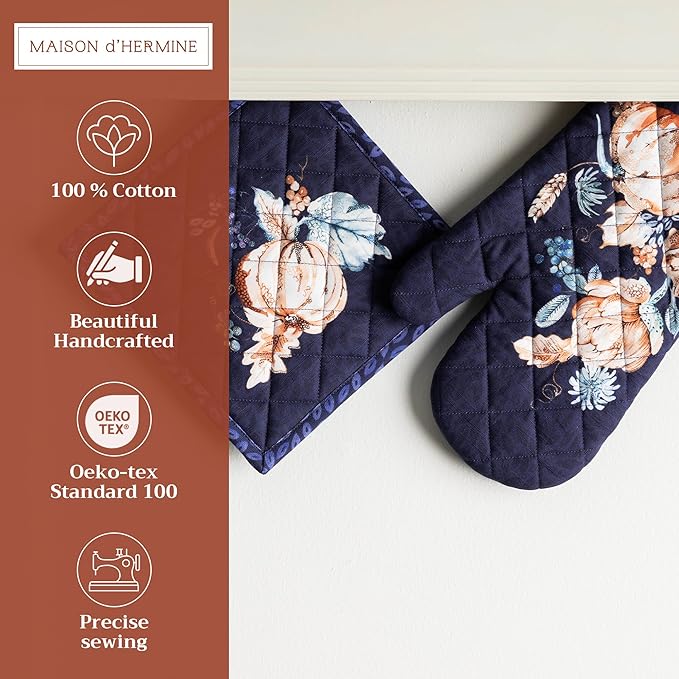 Maison d' Hermine 100% Cotton Oven Mitt & Pot Holder Set (7.5"x13" & 8"x8") Heat Resistant BBQ Cooking Gloves with Loop, Baking, Grilling, Kitchen, Handling Hot Pans (Pumpkin Blues)