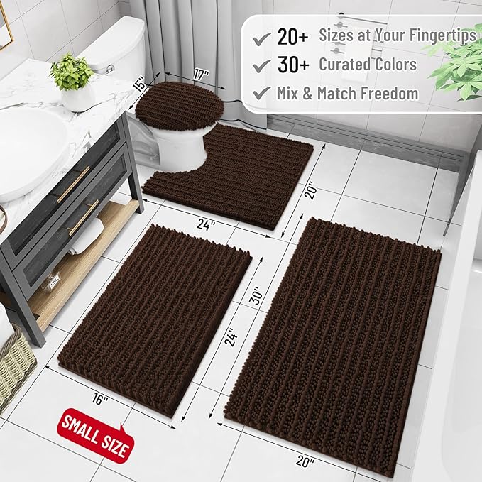 Arotive Luxury Chenille Bathroom Rug Mat, Extra Soft Thick Absorbent Shaggy Bath Rugs, Non-Slip Machine Wash Dry, Plush Bath Mats for Bathroom, Shower and Tub, 47x20, Brown