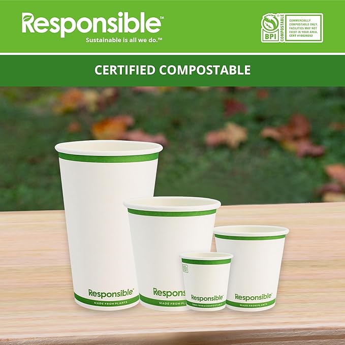 8 oz Paper Hot Cups (Squat), Tree-Less™ Compostable Paper Coffee Cups, Extra Strength, Tree-Free and Made Without PFAS, White (1000 Count)
