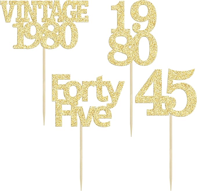 Gyufise 24Pcs 45th Birthday Cupcake Toppers Glitter Cheers to 45 Fabulous Forty Five Vintage 1980 Cupcake Picks 45th Birthday Wedding Anniversary Party Cake Decorations Supplies Gold