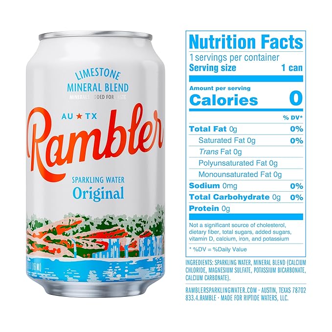 AUTX RAMBLER Sparkling Water, Texas Limestone Mineral Blend, Original Natural Flavor, 12-Ounce Cans, Three 8-Packs (24 Cans)
