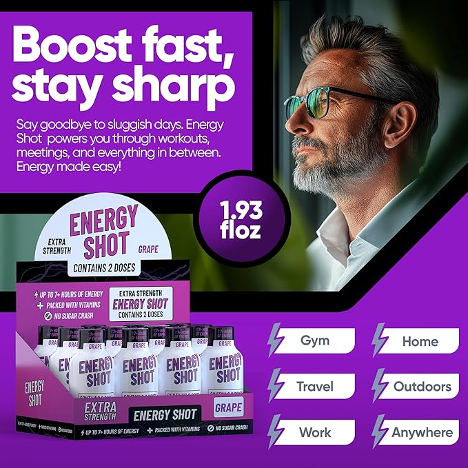 Grape Extra Strength Energy Shot 48 pk – 260mg Natural Caffeine B12 B6 – Energy & Focus Support – 2 Servings Sugar Free Zero Calorie Green Tea B-Vitamins Electrolytes Vegan – 1.93 fl oz
