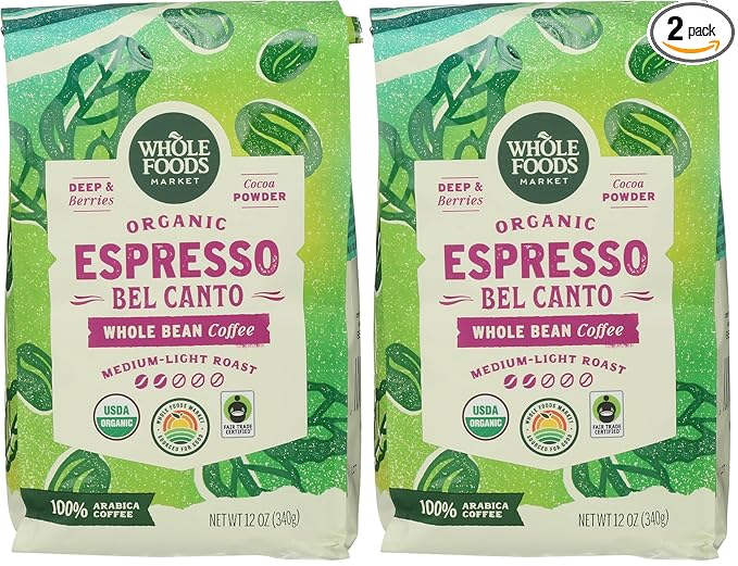 WHOLE FOODS MARKET Organic Whole Bean Bel Canto Coffee, 12 OZ (Pack of 2)