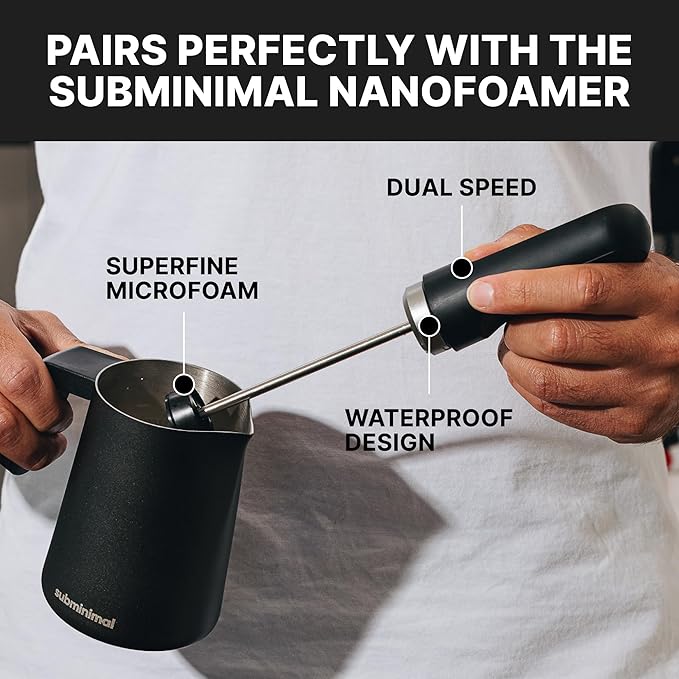 Subminimal FlowTip Milk Jug | Stovetop Milk Frothing, Foaming Pitcher for Premium Barista-Style Coffee at Home | Cappuccino & Latte Art Pouring Jug with Ergonomic Heat Resistant Handle | 450ml, Black