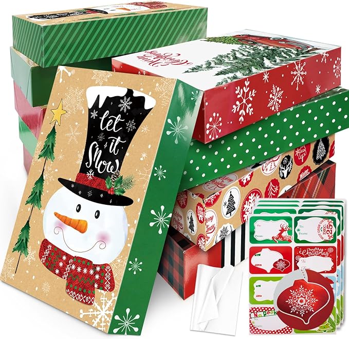 12 Large Christmas Gift Wrap Boxes bulk with Lids, 12 tissue paper and 80 Count Foil Christmas Tag Stickers for wrapping oversized Clothing (Robes, Sweater, Coat, Shirts) and Xmas Holiday Present