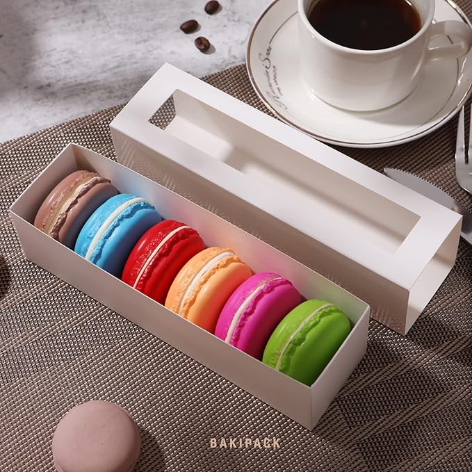 25 Macaron Boxes for 6 Macarons White Macaron Boxes with Interior Measurement 7.3" x 1.9" x 1.9" Macarons Gift Boxes with Clear Window (without Macaron inside)