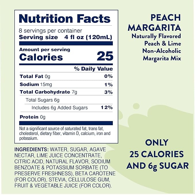 Jordan's Skinny Syrups Sugar Free Syrup, Naturally Sweetened Peach Margarita Mix, 32 oz, Low Calorie Flavoring, Protein Shake, Cocktail & More, Gluten Free, Keto Friendly