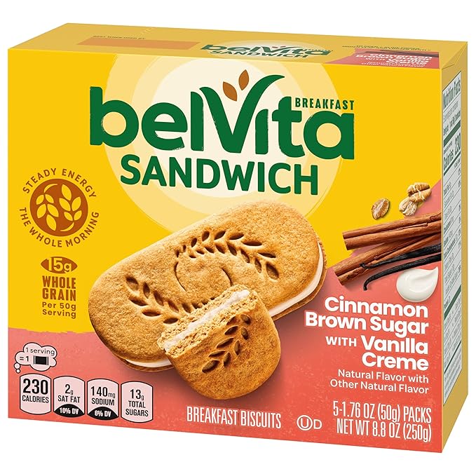 belVita Breakfast Biscuit Sandwiches, Cinnamon Brown Sugar & Vanilla Creme Flavor, 5 Packs (2 Biscuit Sandwiches Per Pack),5 Count(Pack of 1)