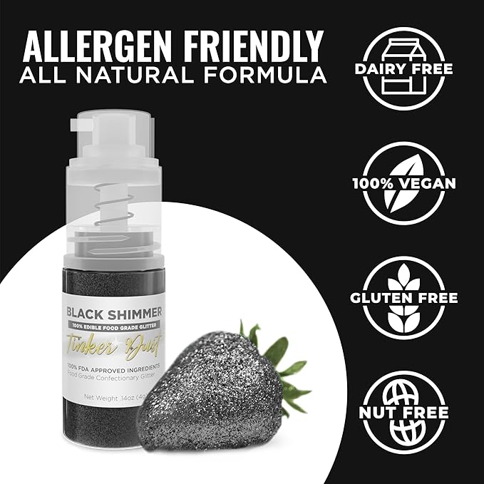Bakell - Black Tinker Dust (4g, 1x Mini Spray Pump) Edible Glitter for Food, Desserts, and Beverages!