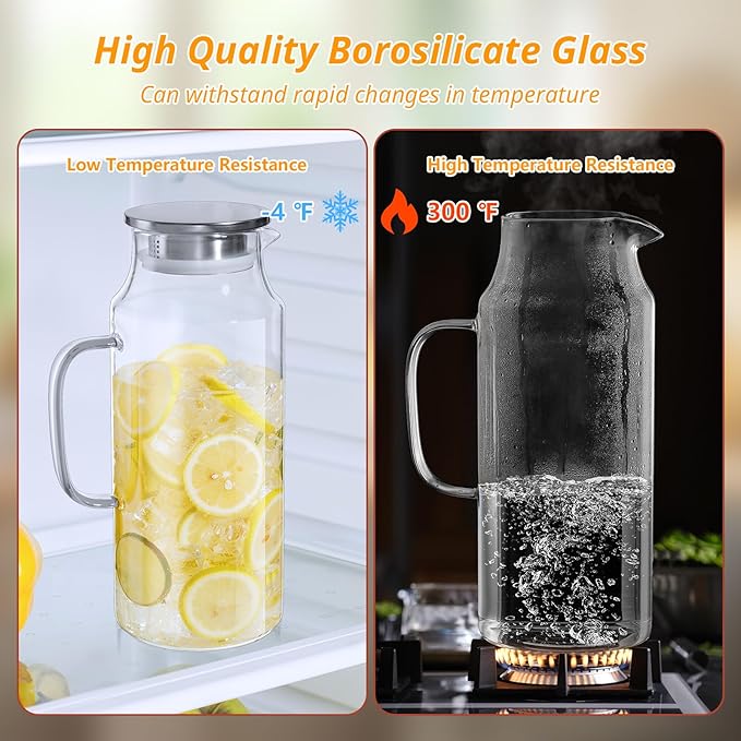 2 Liter 68 oz Glass Pitcher with Lid and Spout, Glass Water Pitcher for Fridge, Glass Carafe for Hot/Cold Water, Large Jug for Iced Tea, Coffee, Juice and Homemade Beverage