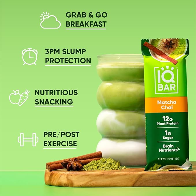 IQBAR Brain and Body Plant Protein Bars - Matcha Chai - 24-Count - Keto, Vegan, Low Carb, High Fiber, Gluten Free, Dairy Free, Low Sugar Snack with Nutrients for Focus, Energy, Meal Replacement