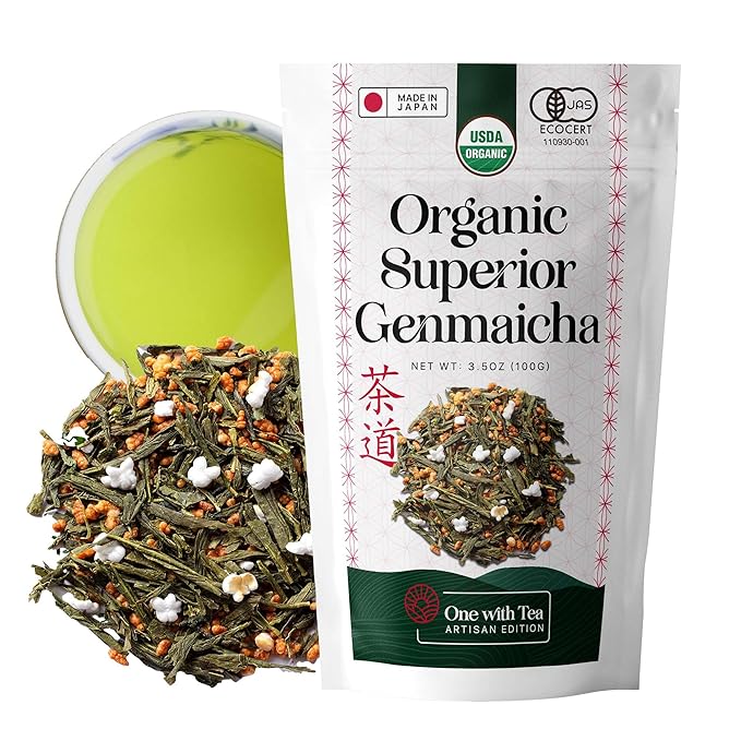 One With Tea – Organic Genmaicha Loose Leaf Tea – Authentic Japanese Green Tea Blend with Roasted Brown Rice for a Smooth, Nutty Flavor – USDA Certified Organic