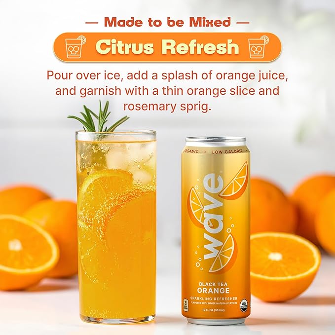 WAVE Sparkling Refreshers | Sparkling Juice | Organic Hydration | Low Calorie Drink | Lightly Carbonated Soda Alternative | No Added Sugar or Artificial Ingredients | Black Tea Orange | 12 Pack