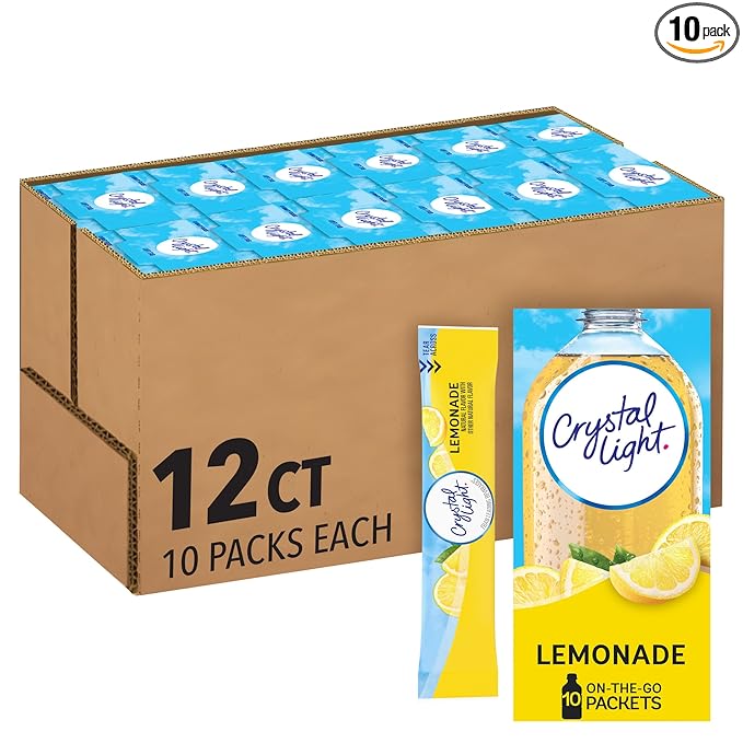 Crystal Light Lemonade Naturally Flavored Powdered Drink Mix, 120 ct Pack, 12 Boxes of 10 On-the-Go-Packets