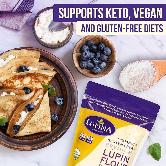 Lupina Organic Gluten-Free Lupin Flour –16 oz- High-Protein, High-Fiber, Low-Carb Plant-Based Flour – Non-GMO Vegan Superfood for Baking, Smoothies & Healthy Cooking
