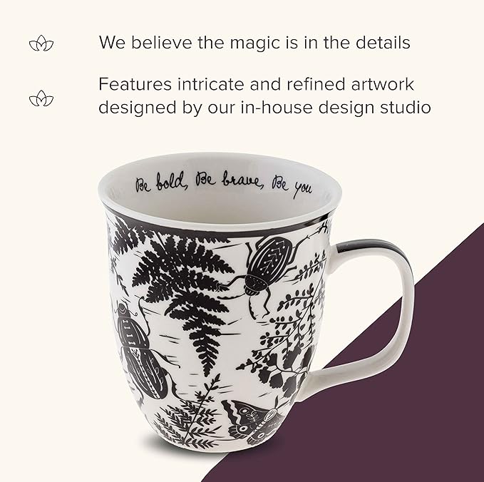 Karma Gifts 16 oz Black and White Boho Mug Beetle - Cute Coffee and Tea Mug - Ceramic Coffee Mugs for Women and Men