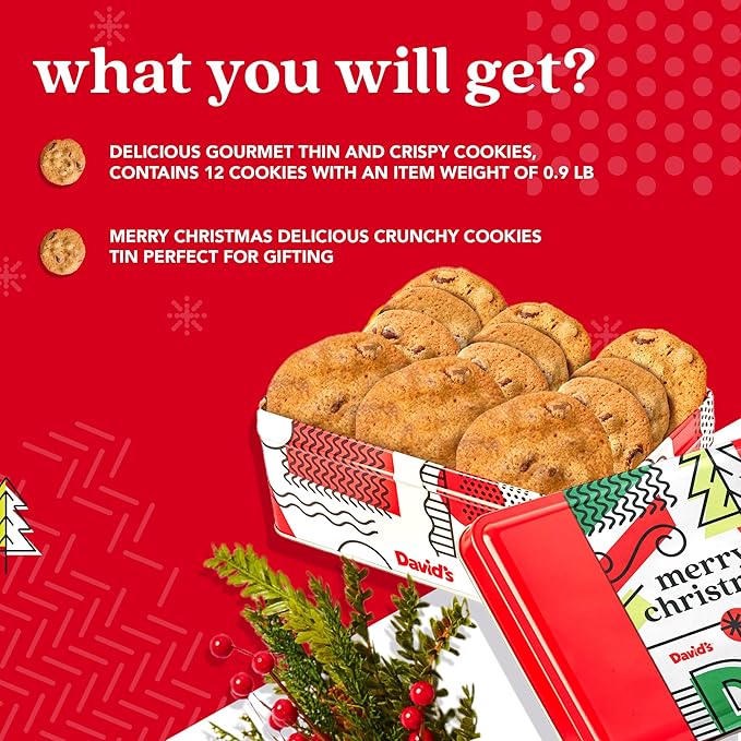 David's Cookies Merry Christmas Thin And Crispy Cookies in Mini Sweet Sampler Tin – Delicious Gourmet Crunchy Cookies, Festive Food Gift For Friends, Family – Christmas Treats For Holiday Gatherings