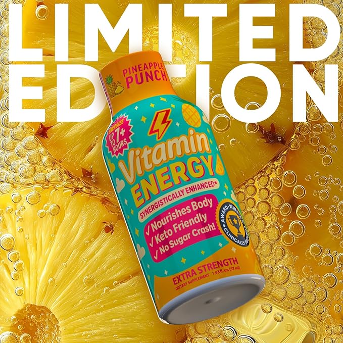 Vitamin Energy Immune+ Extra Strength Energy Shot Pineapple Punch 24 Pack, 260mg Natural Caffeine, B-Vitamins, Citicoline, Green Tea, Immunity & Focus Support, Zero Sugar, Gluten-Free 1.93 fl oz