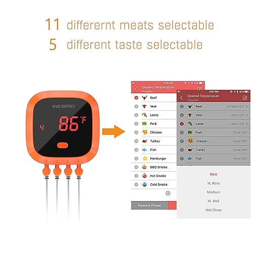 Inkbird Waterproof 150 FT Bluetooth Meat Thermometer IBT-4XC with Magnet, Timer, Alarm and 4 Probes, BBQ Grill Digital Wireless Meat Thermometer for Cooking, Smoker, Kitchen, Oven