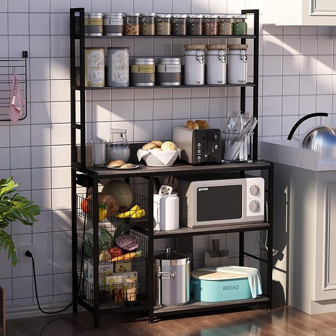Kitchen Bakers Rack with Baskets and Power Outlet,5-Tier Kitchen Utility Storage Shelf with Hooks, Microwave Oven Stand Rack,Vintage Grey Free Standing Kitchen Shelf