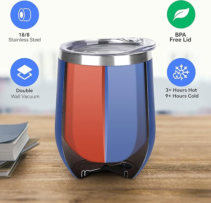 DOMICARE Stainless Steel Wine Tumbler Bulk with Lid, Personalized Insulated Tumblers Set, 12oz Travel Coffee Cups Pack of 12, Dark Blue