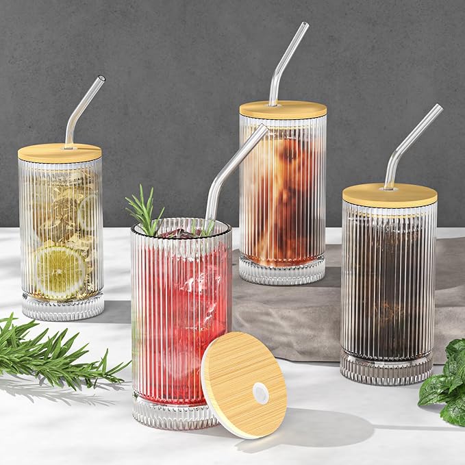 15 Oz Glass Cups with Lid and Straw, Iced Coffee Cups with Lid, Vintage Glassware for Whiskey Cocktail Beer (2 PACK)
