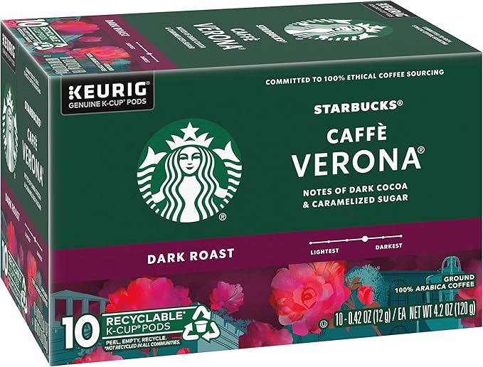 Starbucks Coffee K-Cup Pods, Caffè Verona, Dark Roast Coffee with Notes of Dark Cocoa & Caramelized Sugar, Keurig Genuine K-Cup Pods, 10 CT K-Cups/Box (Pack of 3 Boxes)