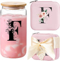 AYGXU Bridesmaid proposal gifts,Travel Initial Jewelry Box for Girls,Travel Jewelry Case,Initial Glass Cup,Cute Tumbler Cup,Small Jewelry Organizer for Teen Girls Gifts,Initial F pink