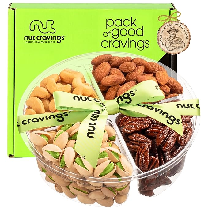 NUT CRAVINGS - Thanksgiving Mixed Nuts Gift Basket + Green Ribbon (4 Assortments) Holiday Xmas Christmas Food Arrangement, Healthy Snack Care Package, Food Assortments