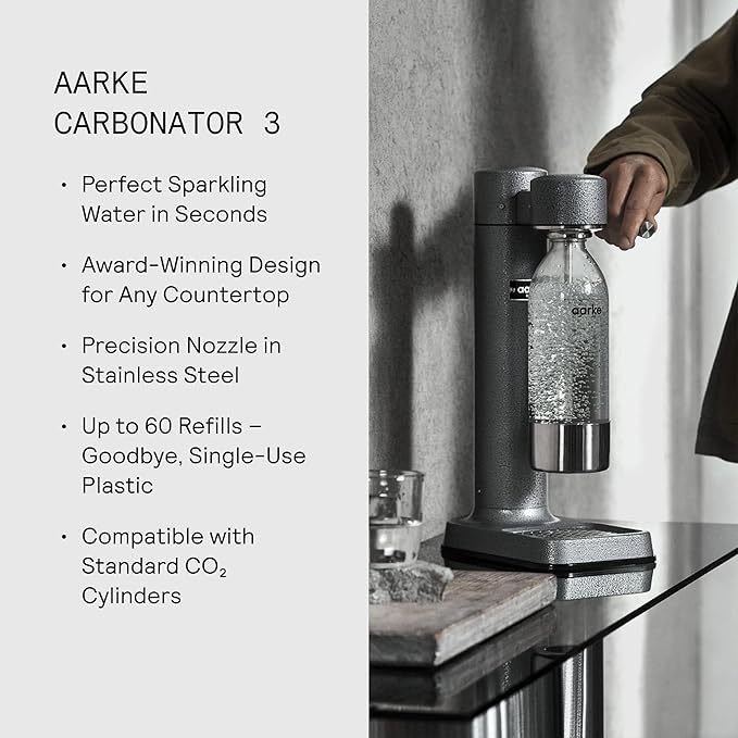 Aarke Carbonator lll, Sparkling & Carbonation Water Machine, Stainless Steel with PET BPA-Free Reusable Bottle Volume 1L/34 fl oz (Hammertone Grey)
