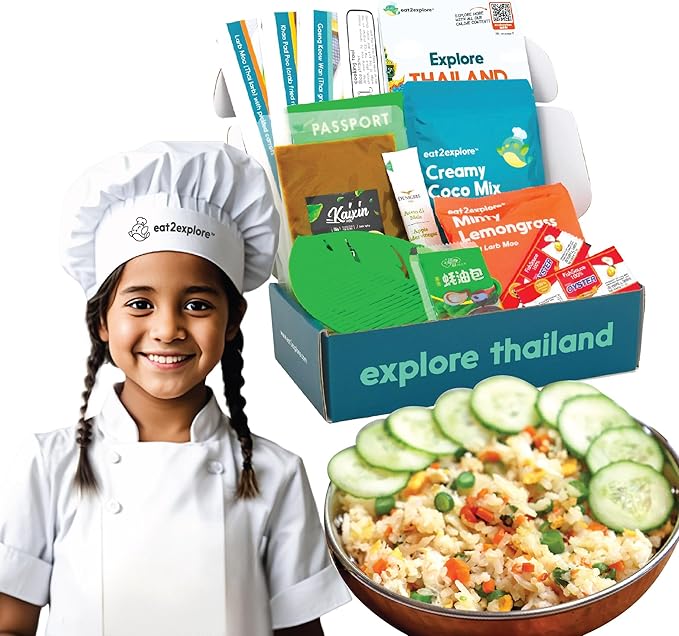 eat2explore Cooking Kits for Kids – Interactive & Educational Kids Cooking Sets Real for Ages 5 and Up,3 Recipe Cards & Global Ingredients – Fun Gift for Young Chefs (Thailand Edition)
